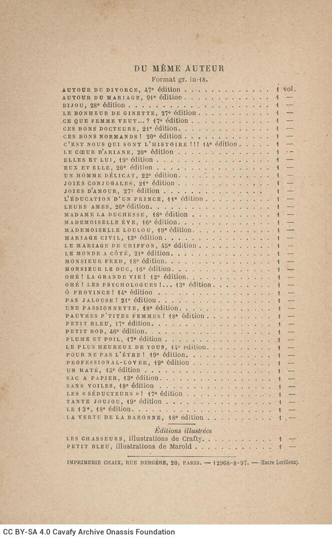 18,5 x 12 εκ. 8 σ. χ.α. + 273 σ. + 5 σ. χ.α., όπου στη ράχη η τιμή του βιβλίου “3 fr. 50